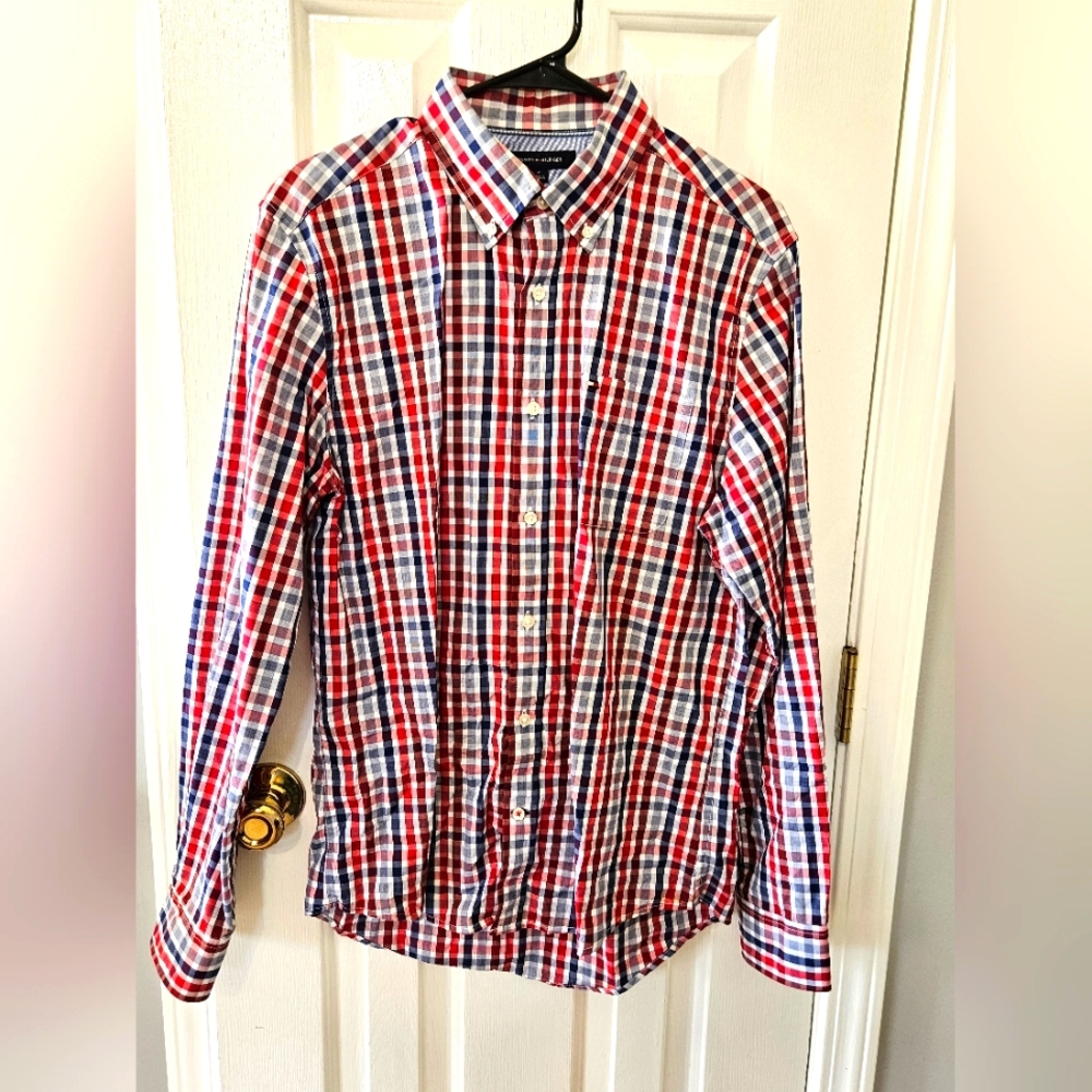 Tommy Hilfiger Red and Blue Casual Button Down Shirt Medium